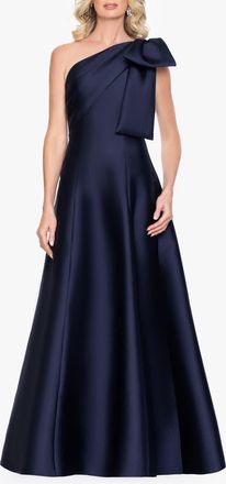 Betsy & Adam Bow Detail One-Shoulder Mikado Fit & Flare Gown in Navy at Nordstrom, Size 12
