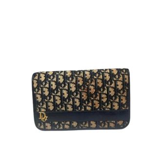 Dior Pre-owned Vintage Beige-Navy Oblique Monogram Clutch - Dames - Pre-owned - Beige - Maat: ONE Size Leer