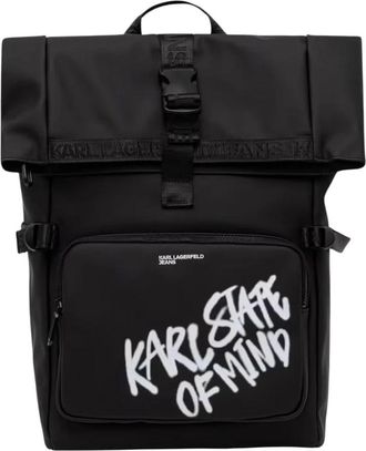 Karl Lagerfeld Rugzak met sloganprint en gespen - Heren - Rugzakken - Zwart - ONE Size - Polyester - Tassen