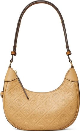 Tory Burch T-Monogram Embossed Crescent Shoulder Bag in Biscotti at Nordstrom