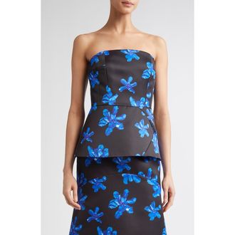 Emilia Wickstead Regan Floral Strapless Genzianella Peplum Top in Electric Blue Floral On Black at Nordstrom Rack, Size 2 Us / 6 Uk