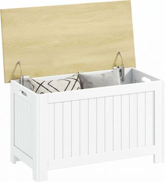 HOMCOM Homcom Ba&uacute;l De Almacenaje Dormitorio 90 L Banco De Almacenaje Con Tapa Ba&uacute;l De Almacenaje Con Bisagra De Seguridad 80,5x40x46,4 Cm Natural Y Blanco