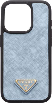 Prada triangle-logo iPhone 15 Pro case - women - Calf Leather - One Size - Blue