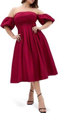 City Chic Rosalee Off the Shoulder Cotton Midi Dress in Raspberry at Nordstrom, Size Xxxs