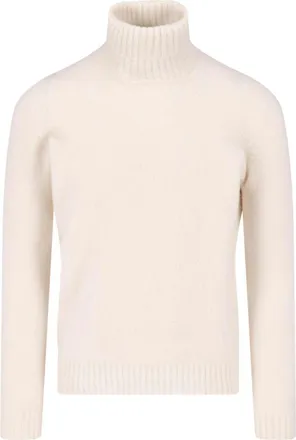 Drumohr High Neck White Wool Sweater with Ribbed Details