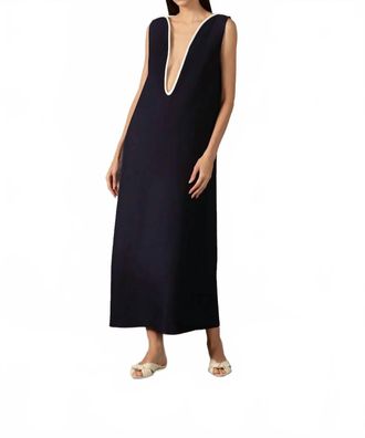 Adriana Degreas Bicolor Deep V Neck Maxi Dress In Navy