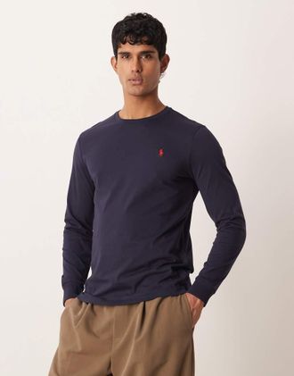 Polo Ralph Lauren Icon - T-shirt a maniche lunghe slim in cotone blu navy scuro con logo