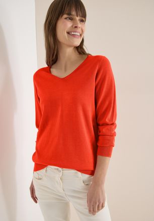 Cecil Strickpullover CECIL, Damen, Gr. XXL (46), cherry tomato orange, Strick, Obermaterial: 60% Baumwolle, 40% Viskose, unifarben, normal h&uuml;ftbedeckend, V-