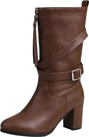 Generic Womens Vintage Western Mid Calf Boots Pointed Toe High Block Heel With Zipper Tassels And Belt Buckle Detail