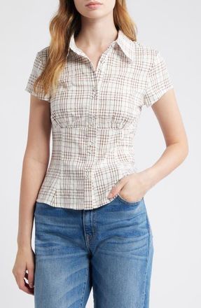 Princess Polly Cottesloe Check Cotton Blend Button-Up Shirt in Brown at Nordstrom, Size 12