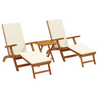 vidaXL Recliner Y Tumbona Plegable 3 Pcs Crema Madera De Acacia S&oacute;lida Vidaxl