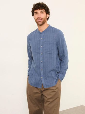 Fat Face FatFace Bugle Denim Dark Blue Self Stripe Long Sleeve Grandad Linen Cotton Shirt