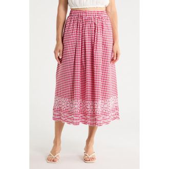 Ellen Tracy A-Line Embroidery Midi Skirt in Red Gingham at Nordstrom Rack, Size X-Small