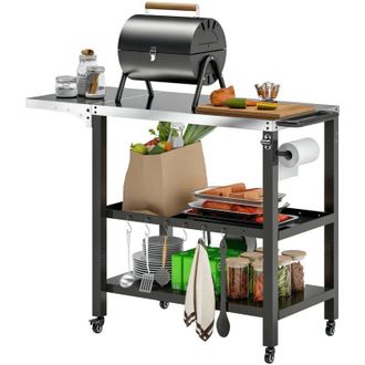 OUTSUNNY Carrito De Parrilla De 3 Niveles Con Ruedas Estantes Encimera De Acero Inoxidable Lateral Plegable Y Asa Para Jard&iacute;n Patio Negro - Outsunny