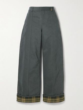 Burberry Pantaloni A Gamba Larga In Misto Cotone Spazzolato Con Finiture In Twill A Quadri - Grigio