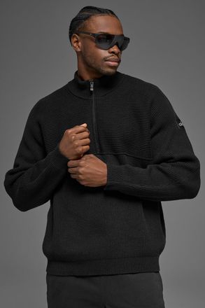 Alo | Domain Shift Rib Knit 1/4 Zip Sweater Top in Black, Size: Medium