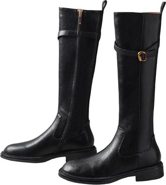 Generic Womens Slim Fit High Boots Belt Buckle Vintage Style Long Booties Low Heel Warm Shoes For Winter Wear