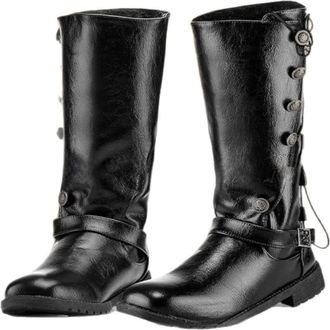 Generic Mens Block Heel Vintage Victorian Boots Round Toe PU Leather Gothic Motorcycle Boots Pull on Knee High Boot with Button,Black,8.5 UK