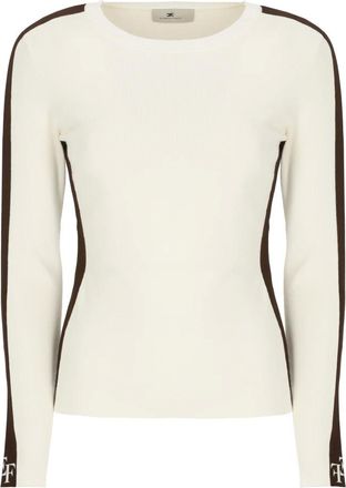 Elisabetta Franchi Truien & Vesten, Dames, Beige, 2Xl, Viscose Trui met Glanzende Banden