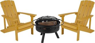 Flash Furniture 3 Piece Yellow Poly Resin Wood Adirondack Chair Set with Fire Pit