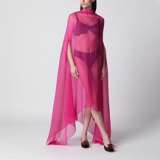 Dries Van Noten Wide Cape Dress Fuchsia in Sheer Silk