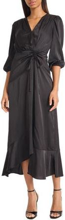 Donna Morgan Front Tie Satin Midi Dress in Black at Nordstrom Rack, Size 12