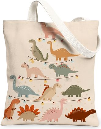 Generic Dinosaur Holiday Canvas Tote Bags, Adorable Dino Pattern Reusable Grocery Bags, Lightweight Washable Shoulder Strap for Tra, Beige, 13x15 Inch
