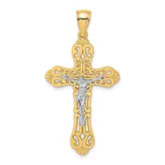 Diamond2Deal 10k Yellow Gold Rhodium Crucifix Scrolled Tips Charm