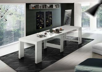 Dmora Mesa De Comedor Moderna, Made In Italy, Consola Extensible Hasta 12 Asientos, Con Soporte De Extensi&oacute;n, 51x90h77 Cm (hasta 300 Cm) Color Blanco Brilla