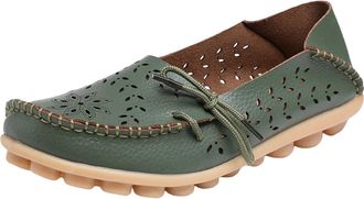 Generic Green Womens Loafers & Moccasins Comfort Wide Fit Walking Cute Flat Loafer Flower Hollow Out Soft Cowhide Leather Loafer Flat Shoes Slip-Ons Ladies Lo