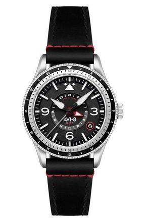 AVI-8 Flyboy Airmaster GMT Leather Strap Watch, 40mm in Black at Nordstrom