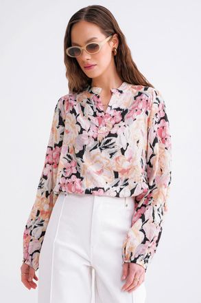 Mixray Bloemdruk Lange Mouw Mandarin Kraag Blouse