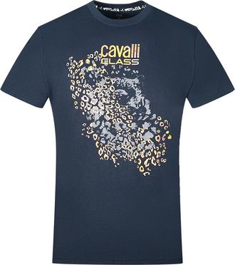 Cavalli Mens Leopard Print Silhouette Navy T-Shirt - Blue Cotton - Size X-Large
