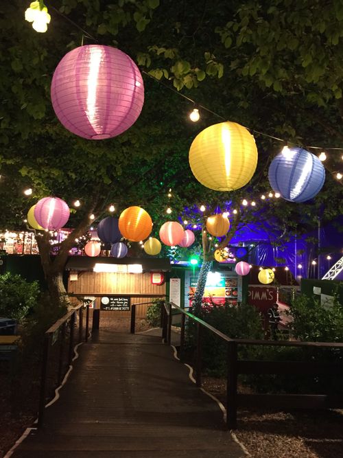 Bunte Lichterketten in der Nacht als Highlight jeder Gartenparty