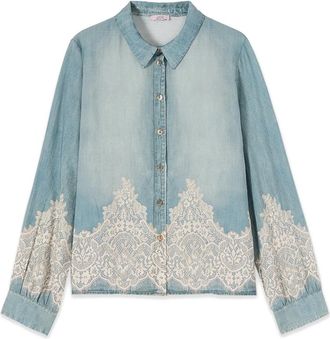 Oltre Denim-effect Shirt with Lace - Dames - Spijkeroverhemden - Blauw - 4XL - Denim - Overhemden