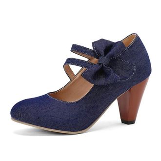 Generic Women Denim Double Strap Pumps Round Toe Pointed Heel Bow Decor Cutout Ankle Strap Non Slip Durable Comfortable Dress Party Shoes,Dark Blue,10.5 UK