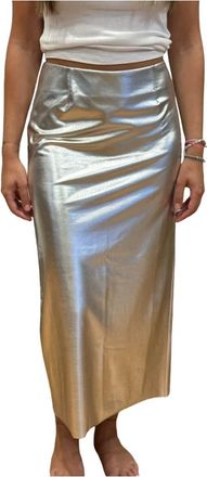 Scaglione Rokken, Dames, Grijs, S, Gonna tubino elasticizzato laminato argento con spacco dietro