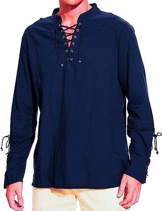 Generic Mens Cotton Linen Shirt Grandad Collar Shirts Long Sleeve Henley Grandad T-Shirt Tops Linen Blouse Summer Beach Casual Loose Fit Lace Up Tops Office W