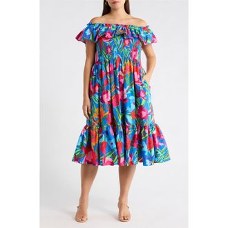 Sugarlips Naima Floral Off the Shoulder Smocked Midi Dress in Cobalt-Pink-Multi at Nordstrom, Size 3 X