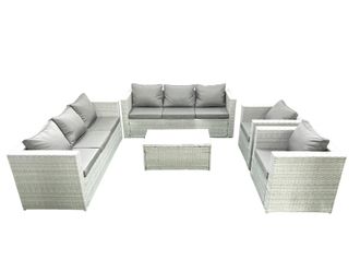 Fimous Outdoor Rattan Sofa Garden Furniture Set with 2 Armchairs Oblong Coffee Table Light Grey Mixed