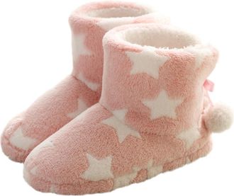 Yarnow Womens Plush Winter Boots Ankle Bootie Slippers Star Pattern, Pink Thick Sole Snow Boots for Cold Weather, Warm Soft Winter Slippers for Indoor and Ou