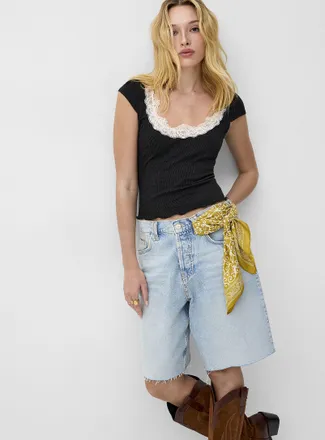 Free People Womens Oh My Darling lace collar cropped T-shirt