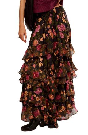 Free People Lolita Floral Ruffle Maxi Skirt in Wash Black Combo at Nordstrom, Size X-Large