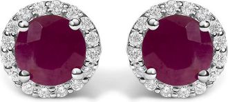 House of Brilliance 10K White Gold Red Ruby and 1/6 Cttw Diamond Halo Stud Earring