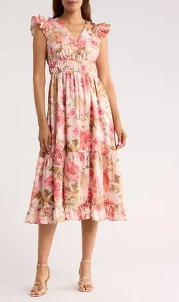 Vince Camuto Ruffle Cap Sleeve Midi Dress in Peach at Nordstrom Rack, Size 12