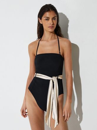 Reiss Black Print Bandeau Scarf-belt Halterneck Swimsuit, 14