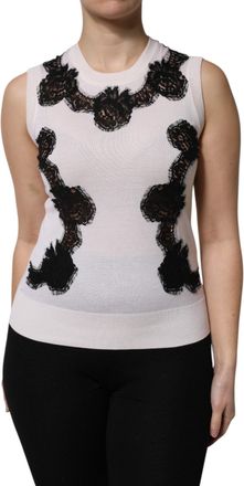 Dolce & Gabbana Womens White Cashmere Floral Lace Detailing Tank Top Silk Cotton Nylon