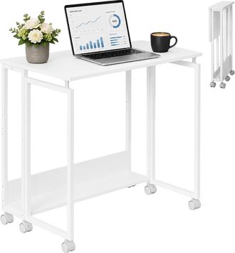 Relaxdays Relaxdays Mesa De Escritorio Plegable Con 6 Ruedas, Mesa De Trabajo, Ahorro Espacio, 75x80x50 Cm, Metal Blanco