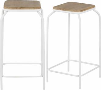 Maisons du monde Set de 2 taburetes alto para isla de cocina de acero blanco y madera de abeto, Alt. 65 cm