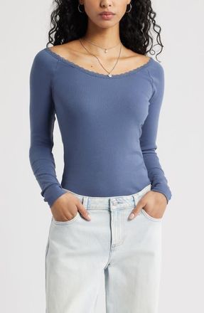 BP. Lace Trim Long Sleeve Top in Blue Vintage at Nordstrom, Size Xx-Small